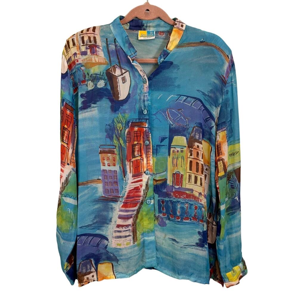 Vintage Sea Suns Button Up Blouse XL Blue Art To Wear Artsy Eclectic Rare USA